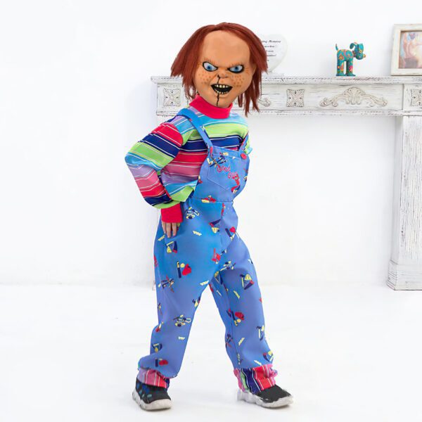 kid wearing chucky mask and costume