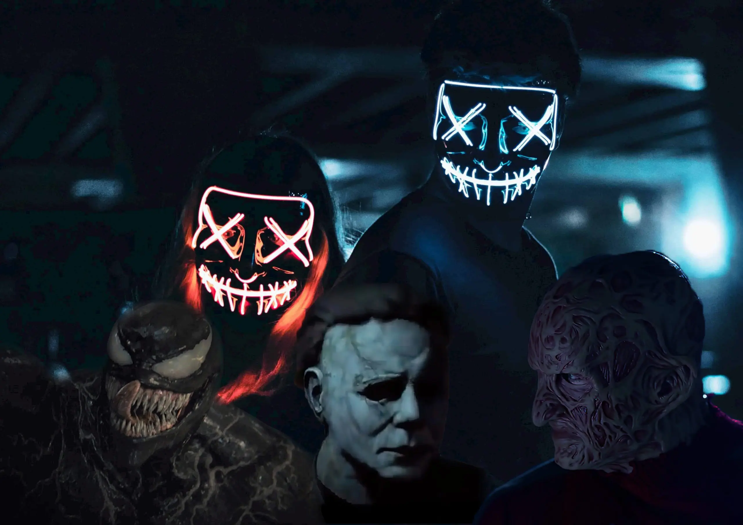 horrifiq halloween face masks showing myers, venom, freddy krueger and led purge masks